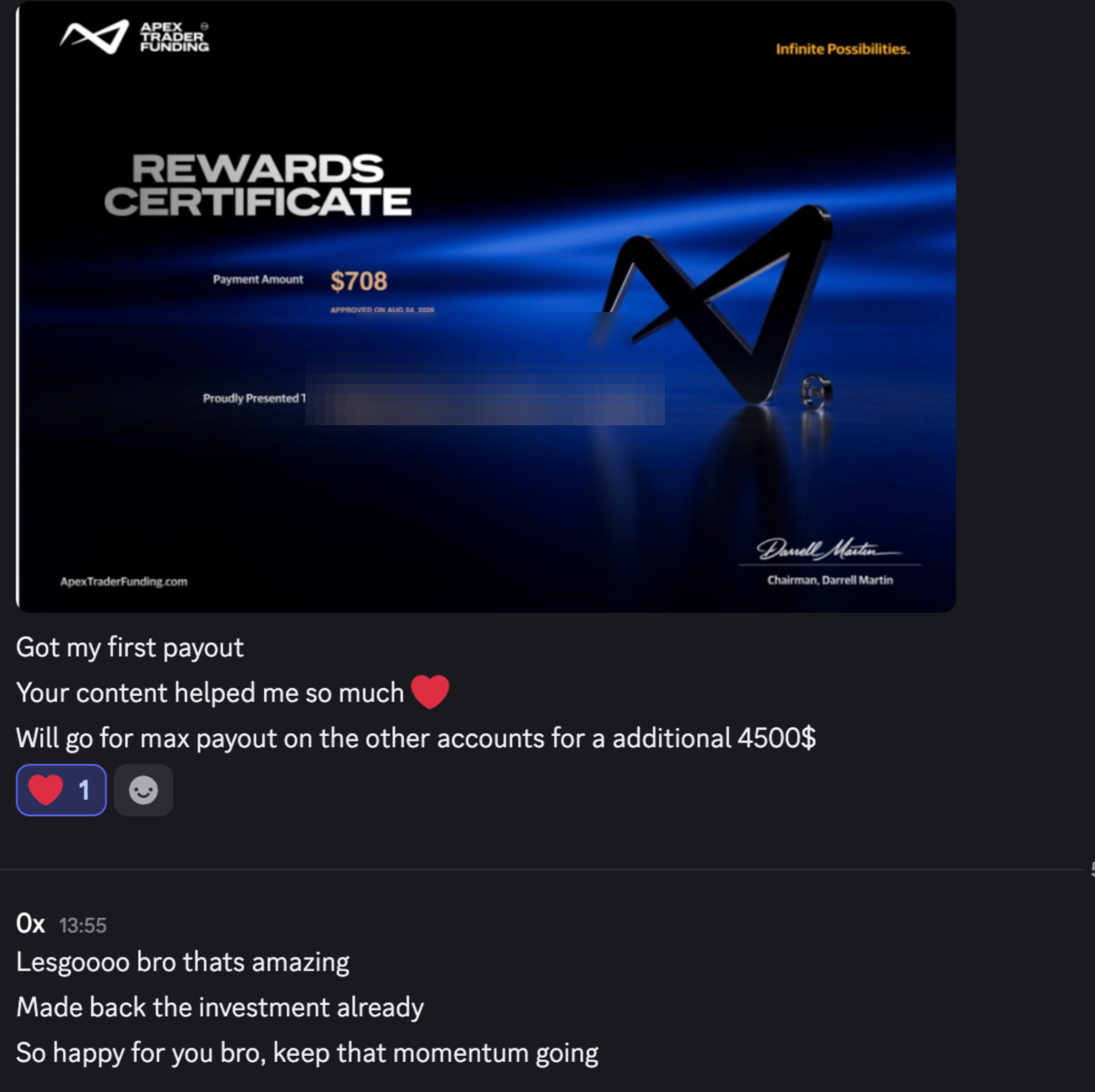 Student first payout of $708 from Apex Trader Funding
